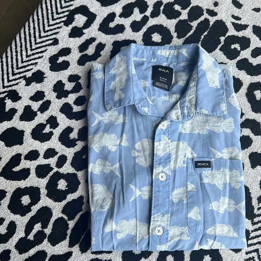 RVCA Light Blue Fish Pattern Casual Button Down Shirt